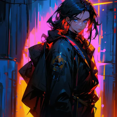 black hair, long hair, straight hair, male, man, blue eyes, tall, wiry, jacket, choker, armband, long boots, belt, waist pouch, with a black bandage, delicate facial features, toned, cyberpunk, inside, in the subway, determined, half body photo, upper body...