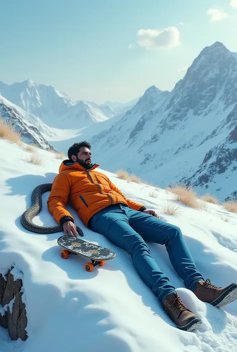 a 30 years Indian man is felt down in the snow hills of mountain, his face is covered with snow, snake is beside to him, skateboard is damaged, he wears orange jacket, blue pant, shoes. Snake is crawling on his hands.