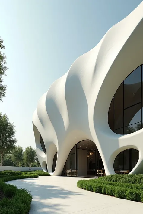 Postmodern facade architecture of resturant in iran , shell of paper design white concrete , high quality rendering architecture, cinematic , 7,5 meter width 22.5 meter height , with plant , greeness , with details