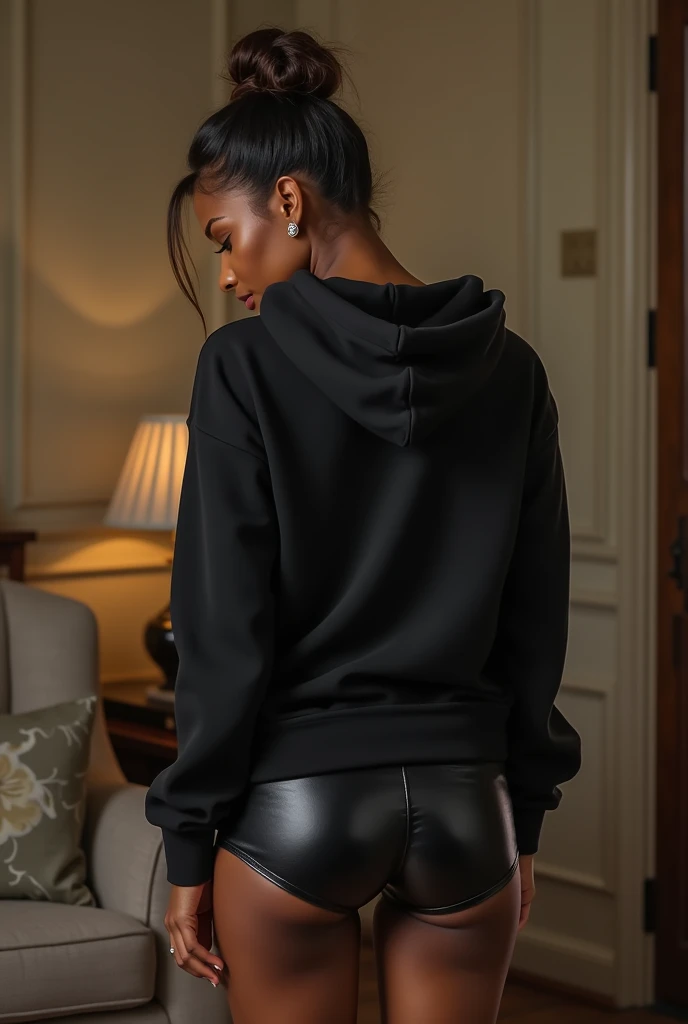 black woman hair in a bun black hoodie black leather short shorts being fucked in the ass by a old grandma in a dress