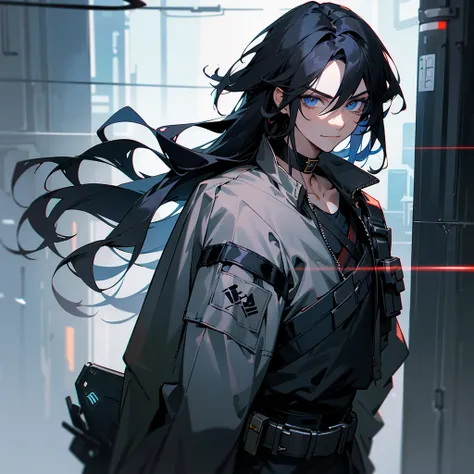 black hair, long hair, straight hair, male, man, blue eyes, tall, wiry, jacket, choker, armband, long boots, belt, waist pouch, with a black bandage, delicate facial features, toned, cyberpunk, inside, in the subway, determined, half body photo, upper body...