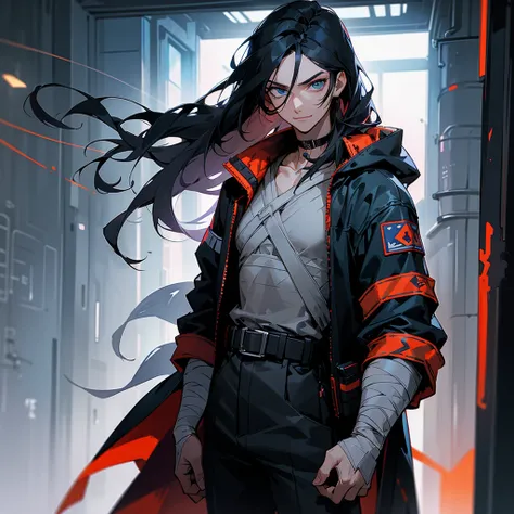 black hair, long hair, straight hair, male, man, blue eyes, tall, wiry, jacket, choker, armband, long boots, belt, waist pouch, with a black bandage, delicate facial features, toned, cyberpunk, inside, in the subway, determined, half body photo, upper body...