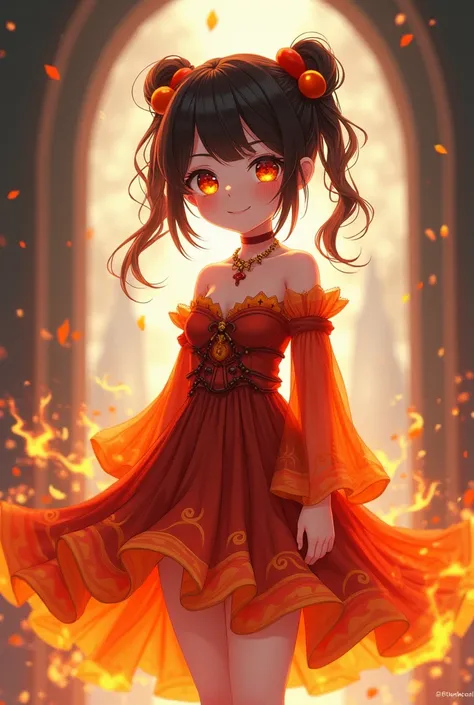 Cute anime girl wearing fire based clothes standing full covering clothes
