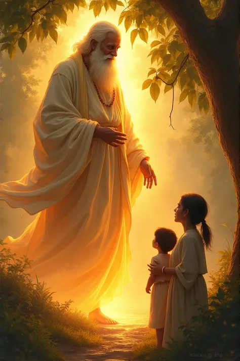 दृश्य 5: साधू का प्रकट होनाPrompt: "A serene, glowing figure of a sage with a long beard and traditional attire, floating above the mango. The sage is smiling gently at the woman and her son, who look amazed and hopeful."