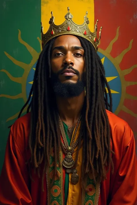 Jah Rastafarian wearing a crown with long dreadlocks and clothes with Ethiopian colors 