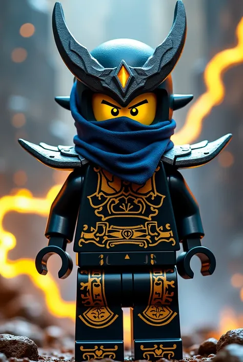 Créer moi un lego ninja go un maitre du dangereux spijisu futuriste de la dernière puissance dimensionaire ninja avec un masque de couleur noir, gris anthracite sur la tête et un bandeau bleu nocturne autour de la bouche avec une peau jaune et autour des y...