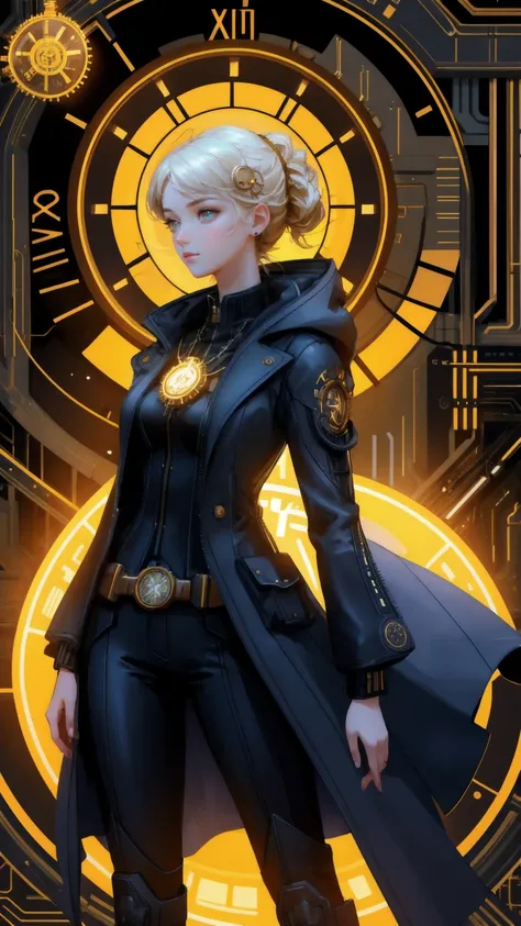 A beautiful girl with an adventurous expression, dressed in a futuristic, stylish suit, standing next to a glowing "Early Mover Time Machine" filled with intricate gears, clock faces, and digital coins like Bitcoin and Ethereum swirling around her. She is ...