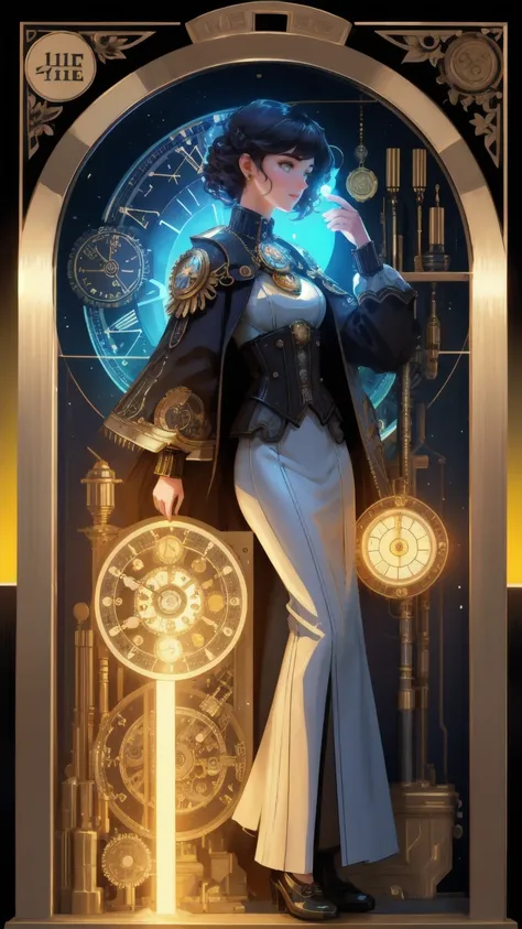 A futuristic time machine girl labeled "Early Mover Time Machine," with intricate gears, vintage clock faces, and a glass cylinder filled with glowing digital coins like Bitcoin and Ethereum, emitting a radiant light. Coins are swirling around the machine ...