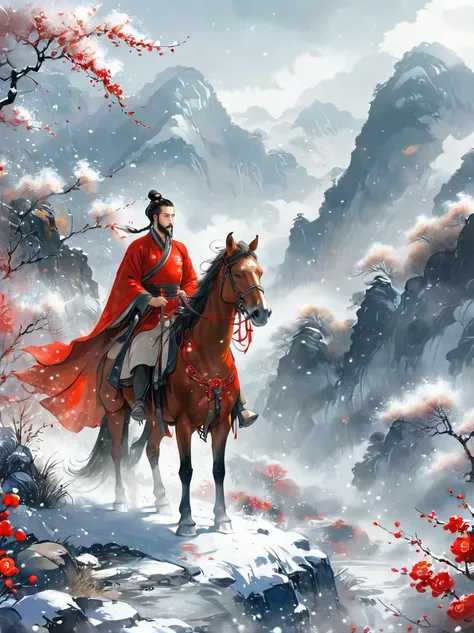 Masterpiece，Top quality，Fine details，Chinese style，Unparalleled beauty，Delicate and charming，Heavy snow，Leading horse，Wildland，Red robe，Hanfu，Winter，Northern scenery，Yanzhi planting snow and flowers，Pale eyebrows and beard are not pale，Movie lights，Stunnin...