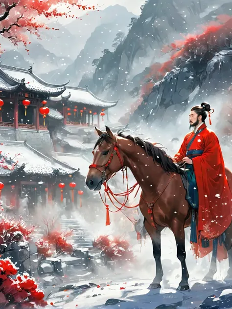 Masterpiece，Top quality，Fine details，Chinese style，Unparalleled beauty，Delicate and charming，Heavy snow，Leading horse，Wildland，Red robe，Hanfu，Winter，Northern scenery，Yanzhi planting snow and flowers，Pale eyebrows and beard are not pale，Movie lights，Stunnin...