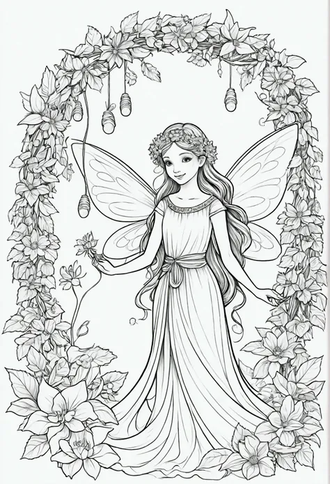 A fairy weaving a garland of glowing flowers, for coloring pages, full white, clean line art, childrens style, magic forest background, full body, Sketch style, playful style, childrens, coloring page, clean line art, white background, coloring page, clean...