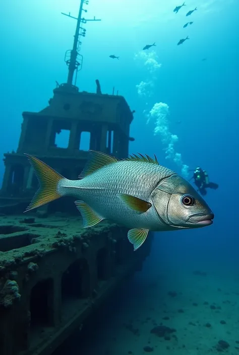 Underwater photo of a fish from the Cantabrian Sea, sea bass, with fish in the background and an old shipwreck and a diver in the background