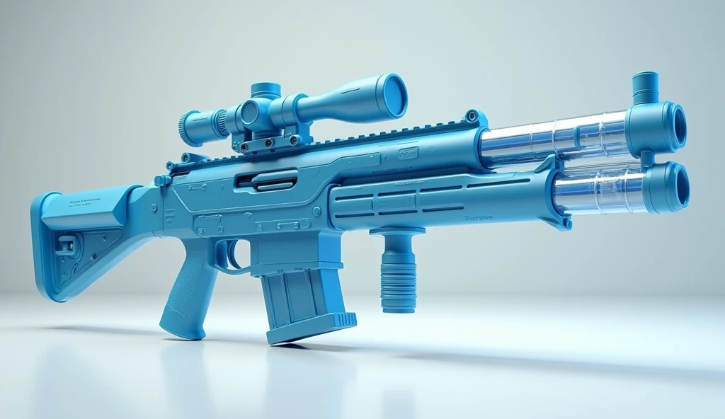 Mini double water gun toy，Integrated rifle mount，Transparent magazine and scope recessed，(Similar structure to M416)，(Double muzzle)，Smooth lines，Plastic material，Three-color Morandi color matching，high quality，Professional Product Photography，Table backgr...