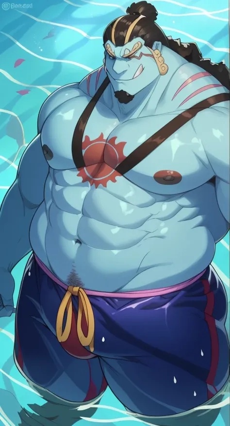 Show the whole body,最high quality, masterpiece, scale,Delicate face,Delicate eyes,High-density illustration,(masterpiece), (wonderful), Muscular, Fat, male (Jinbei) Standing on the beach, Blue Skin, swimming suit, swimming, Jinbe, tooth,(((Very attractive ...