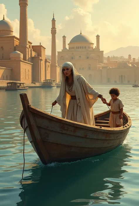 Egyptian woman pulling out a child from an abandoned sixth in the river , in the background of the image an Egyptian city 