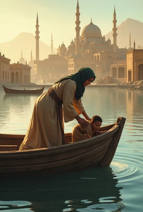 Egyptian woman pulling out a child from an abandoned sixth in the river , in the background of the image an Egyptian city 