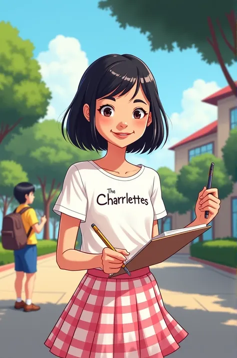 a cartoon showing filipino pupil a girl with black hair wearing a tshirt with brand "The Charlettes" in front and wearing a long skirt red and white gingham uniform , she is writing for campus journalism, make it look like the first generated photo, but ch...