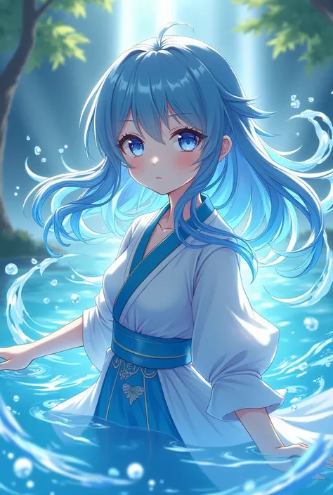 Cute anime girl with power of water with full covering clothes


