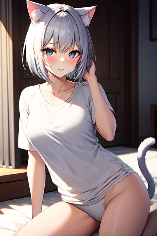 Cute girl with short white hair, cat ears and cat tail, sexy and cute, soft lighting, loose white shirt