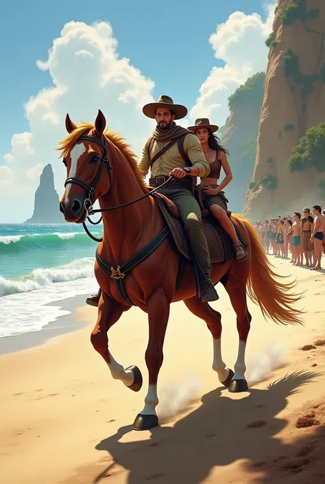 Two people riding a horse on the beach with people watching

