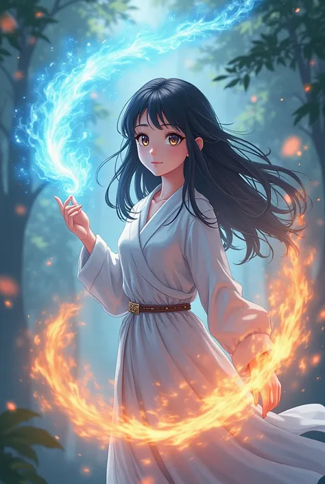 Cute anime girl with fire of water with full covering clothes


