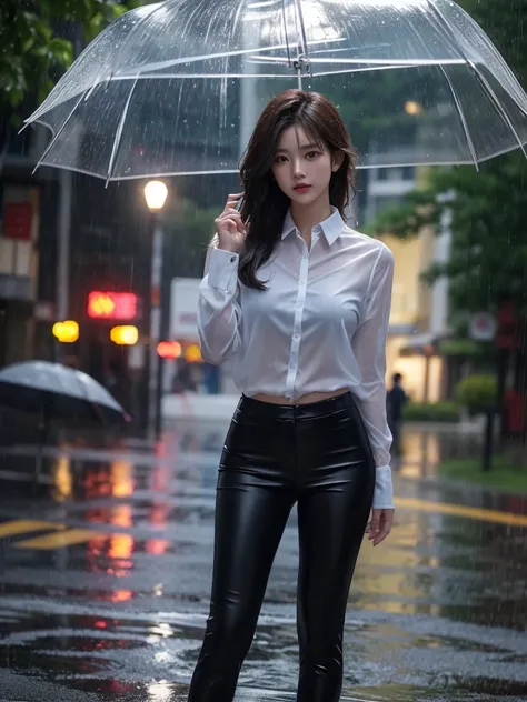 exy pose、Hair getting wet in the rain、Mr.々Hair style、Short Hair、Transparent shirt、Beautiful woman getting wet in the rain、typhoon、Get wet without an umbrella、Beautiful woman in the rain、雨で濡れたBeautyOL、Detailed face、Realistic、beautiful girl、Beauty、Office Lad...