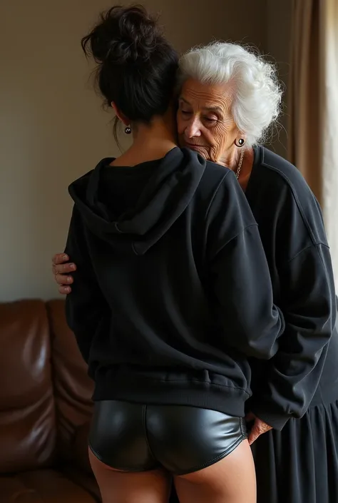 black woman hair in a bun black hoodie black leather short shorts being fucked in the ass by a old grandma in a dress