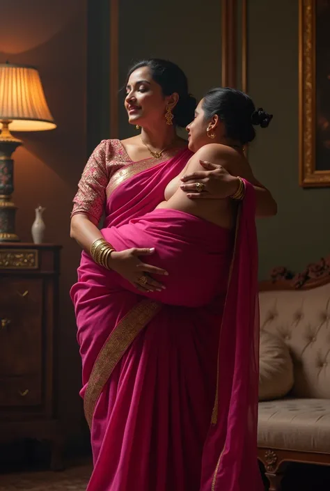 Beautiful indian woman in dark pink saree  lifting and picking up a chubby man in her arms in a room