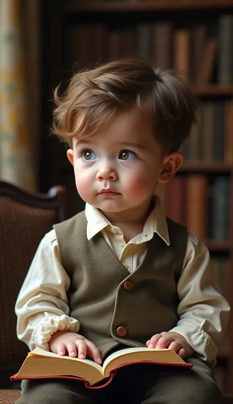 Create UHD photorealistic realistic image, no animation, no 3D image, no Pixar style. Capture a 20-month-old boy in a vintage outfit, seated with a book in his lap, exuding a thoughtful demeanor. Use a 50mm lens for sharp details and a classic background b...