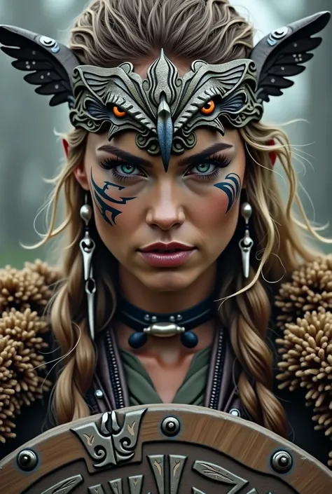 Close up face beautiful viking woman, wooden shield in hand , eagle crown , tribal design on the eyes, Angry, bone ornaments on the neck, leather armor, focused