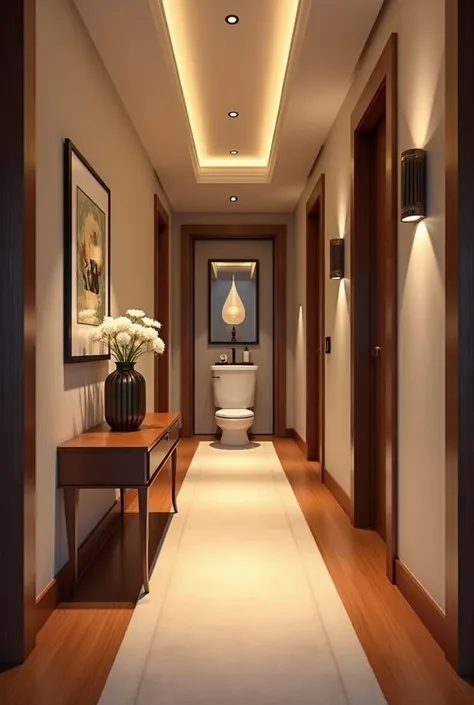 Create a hallway that has a bathroom at the end on the left. 