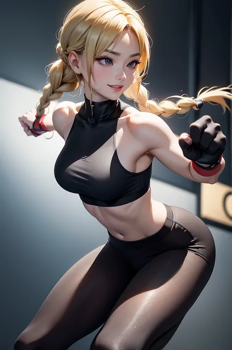 1 korean  woman, full body, Blonde, Long Hair, Braid, Wearing a black tank top, Wearing black tights, Finger Removal Gloves, Make a fist., Boxing gym on background, Muscular, Tight waist, Big Breasts, smile, Surrealism, cinematic lighting, UHD, retina, mas...