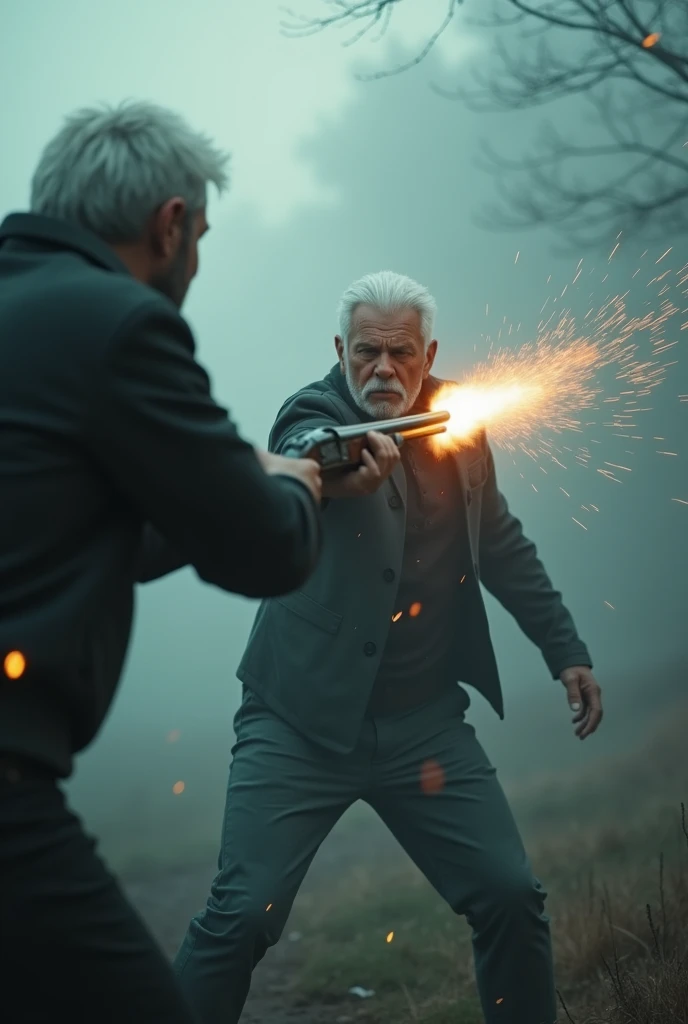 A white-haired man is shot from a distance with a shotgun as he attempts to kill another man, amidst the fading fog and the beginning of daylight.