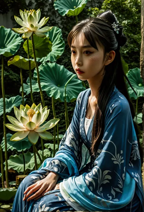 a beautiful ancient chinese woman sitting on a stone, wearing traditional chinese dress with flowing blue chiffon, in a lazy pose, large lotus leaves, lotus flowers, traditional chinese ink painting style, clean colors, white space, freeform, masterpiece, ...