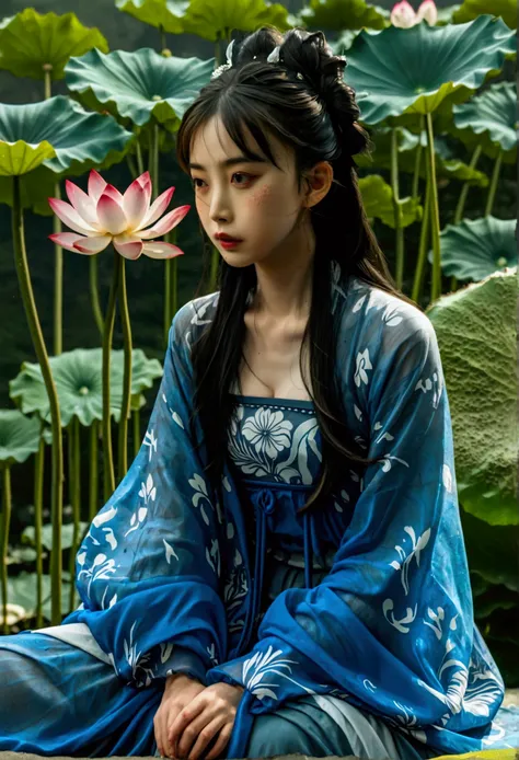 a beautiful ancient chinese woman sitting on a stone, wearing traditional chinese dress with flowing blue chiffon, in a lazy pos...