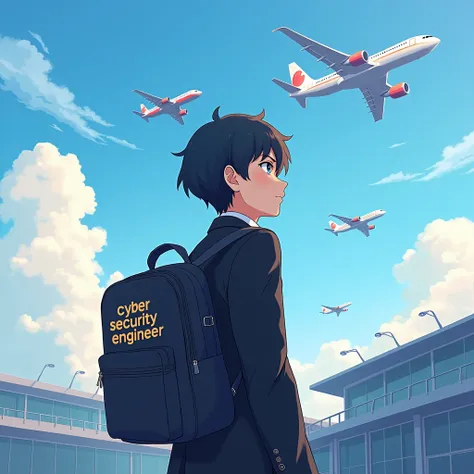 An adult student 2 wearing black  blazer complet 
Standing in airport watching panes fly
In his school bag its written Cyber security engineer 
Anime