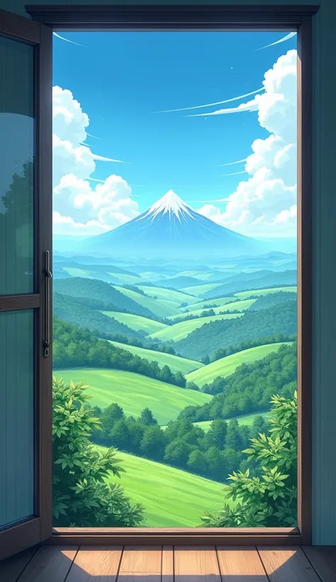 landscape, View from the window, anime style, countryside, against the backdrop of mountains and clouds.  