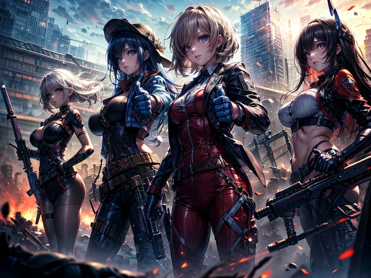 High resolution, Winner of numerous awards, Ultra high definition, Textured skin, Retina, 
masterpiece,(bestquality),highlydetailed,ultra-detailed,4girl, （Four gangster girls posing with weapons.:1.4）(gangsta paradise:1.2)（robot）(cybercitylandscape:1.2,nat...