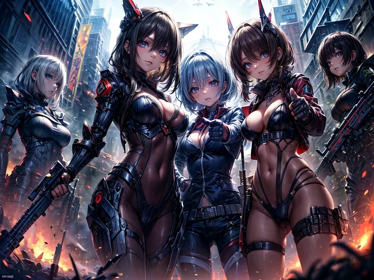 High resolution, Winner of numerous awards, Ultra high definition, Textured skin, Retina, 
masterpiece,(bestquality),highlydetailed,ultra-detailed,4girl, （Four gangster girls posing with weapons.:1.4）(gangsta paradise:1.2)（robot）(cybercitylandscape:1.2,nat...