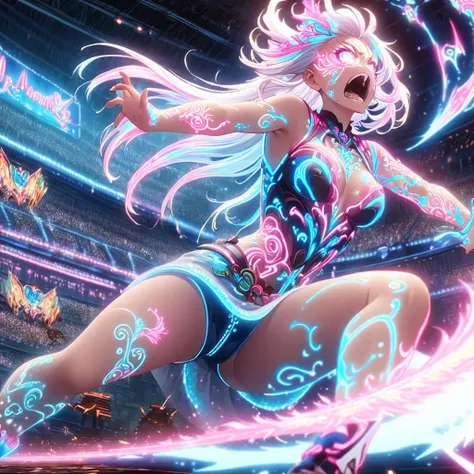 Action scenes,battle,Anime Screenshots、 Artistic anime illustration of a woman adorned with glowing neon magic tattoos all over her body and face。 The tattoos on his arms and legs are a mix of pink, blue and white runes.、It emits a neon light。 She has long...