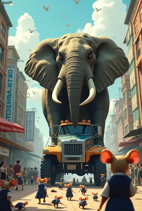 Creat a car which is driving a elephant ,elephant is very large and angry driving in a market every rats and running arroung him to taking his school bages in school uniform approx 50 rats car is a truck of future