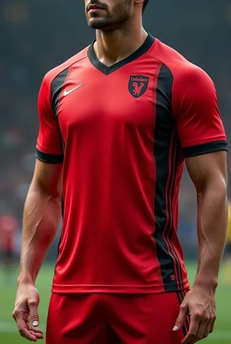 Red football shirt with black details 

