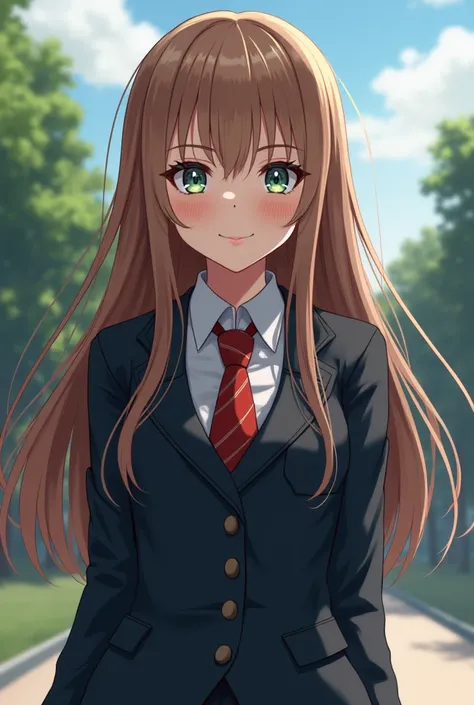 mean girl in same school uniform with light brown long open hair and greenish blue eyes in school with dominant nature and mean smile