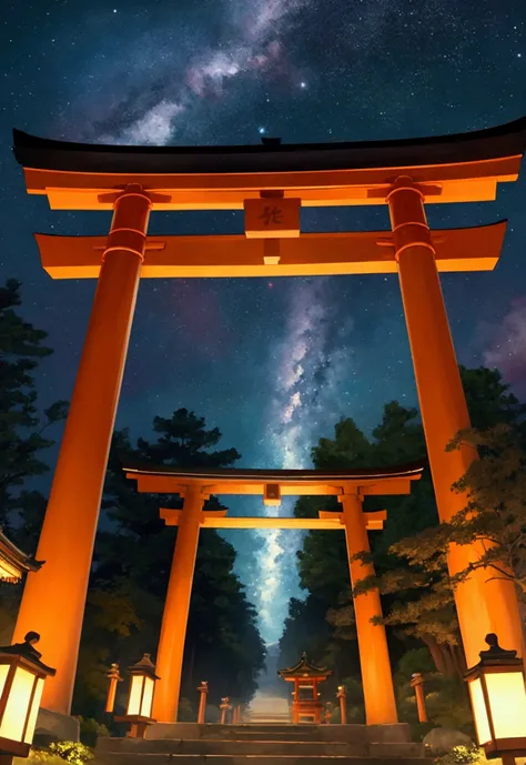 An incredible decision、High resolution、(masterpiece:1.4)、Very detailed、Wide-angle、night、Japanese Shrines、torii、sacred、torii、space、God of the Sky