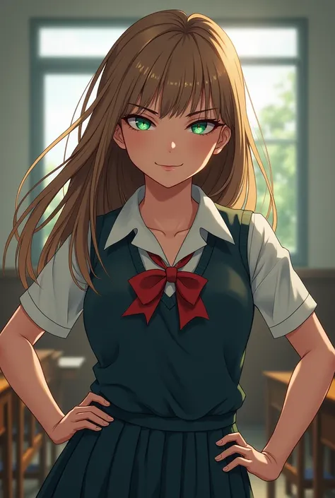 mean rich girl in same school uniform with light brown long open hair and greenish blue eyes in school with dominant nature and mean smile in classroom