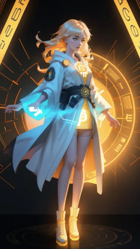 A beautiful girl standing in front of a glowing time portal, with one half of her body transformed into a digital, futuristic form covered in glowing grid lines and Bitcoin symbols, while the other half remains in a classic robe symbolizing ancient wisdom....