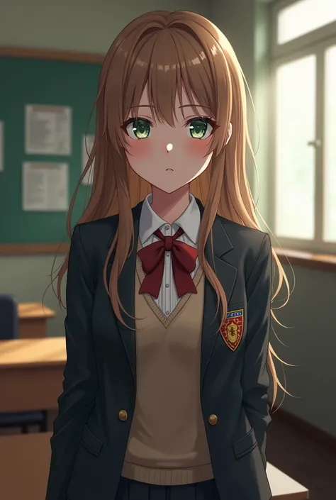 mean rich girl in same school uniform with light brown long open hair and greenish blue eyes in school with dominant nature and smile in classroom