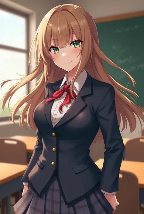 mean rich girl in same school uniform with light brown long open hair and greenish blue eyes in school with dominant nature and smile  in classroom