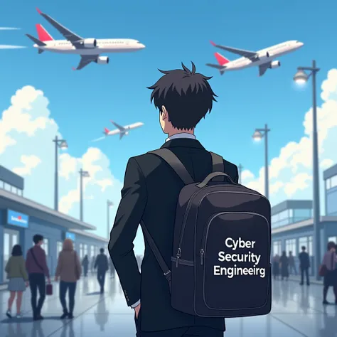 An adult student 2 boy wearing black  blazer complet 
Standing in airport watching panes fly
In his school bag its written Cyber Security Engineer
View from backside of his back

Anime 