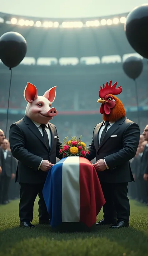 A muscular pig, puffed out chest, black suit, holding flowers, inside a soccer stadium, next to a muscular rooster, black suit, everyone is sad seeing a coffin with a flag over it in the colors blue, white, red, black balloons flying in the wind